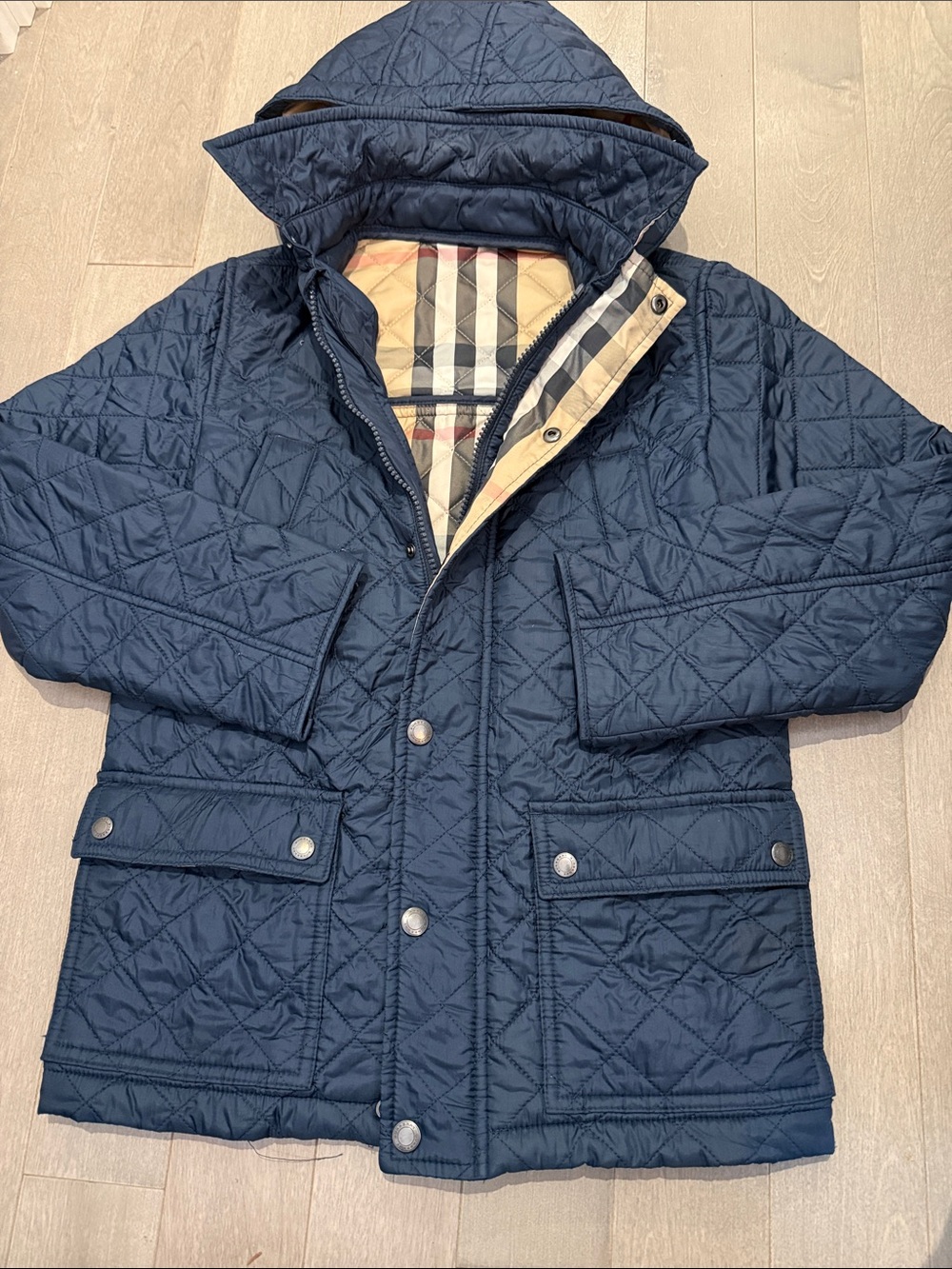 Burberry Navy Quilted Hooded Jacket with Classic Check Lining